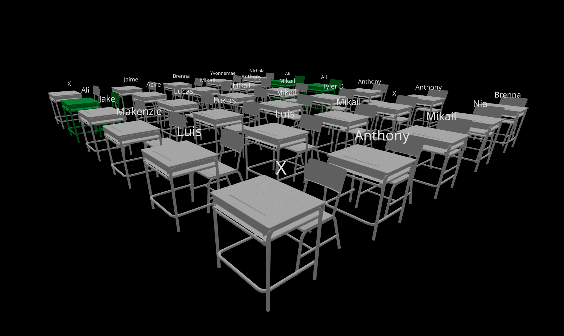 3D classroom of desks and chairs, each labeled with its owner's name, with the viewer's own desks highlighted in green