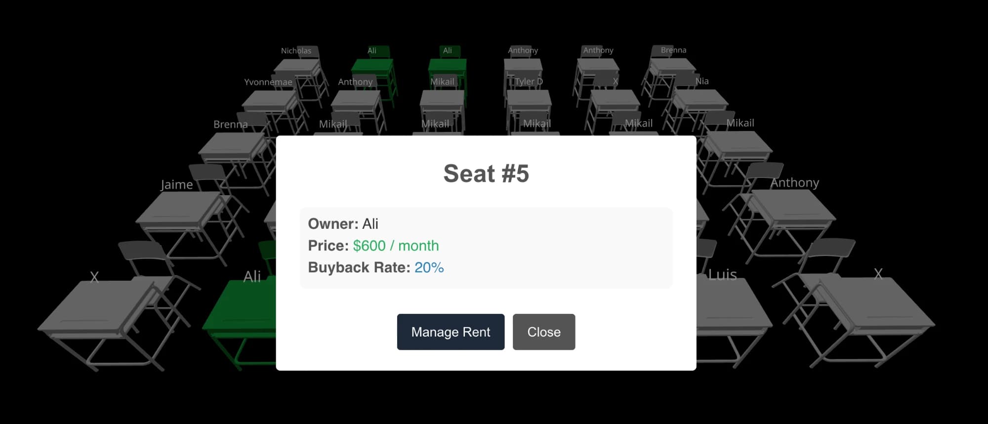 Seat details panel showing the owner, a price of $600 per month, a 20% buyback rate, and a Manage Rent button