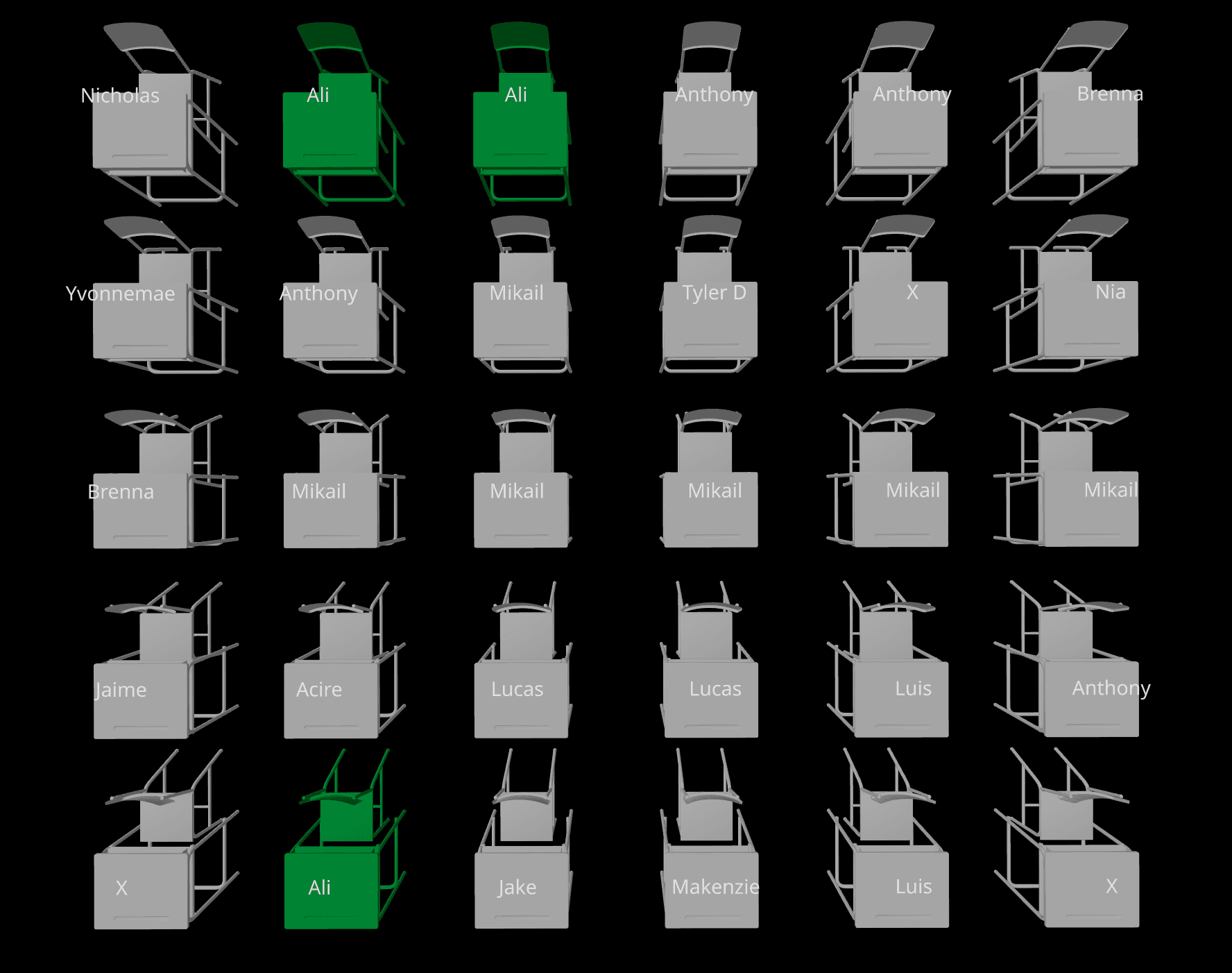 Top-down view of the classroom grid showing which student owns each desk