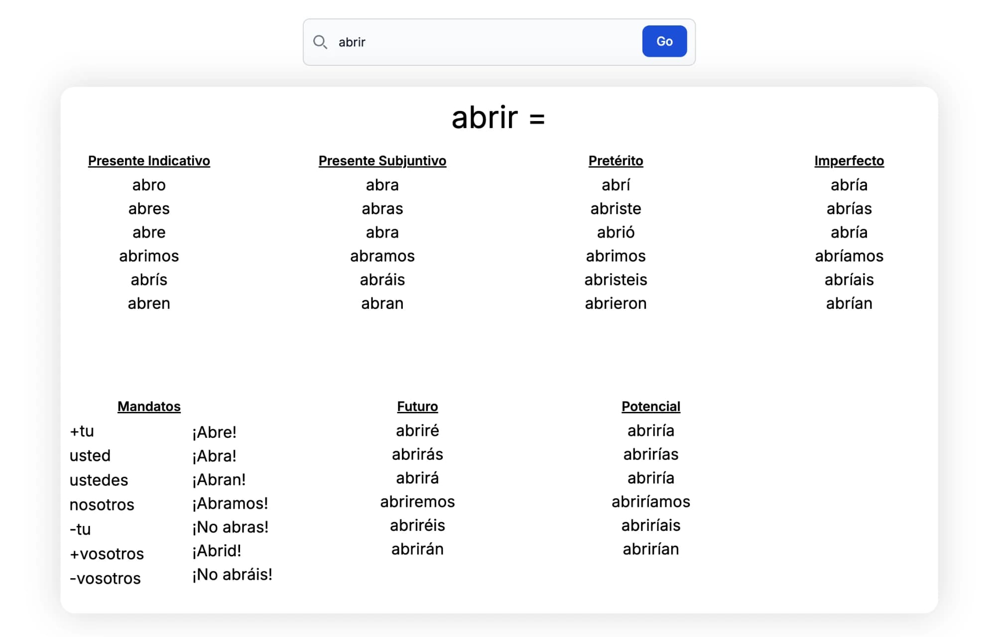 Conjugation card for abrir showing the present, subjunctive, preterite, imperfect, future, conditional, and command forms